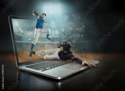 Caucassian baseball Players in dynamic action with ball in a pro