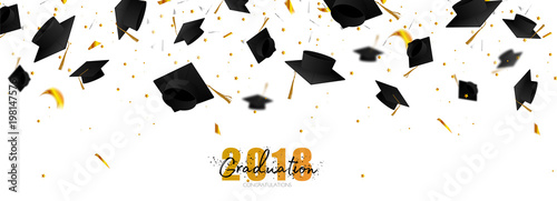 Graduate caps and confetti on a white background. Caps thrown up. Typography greeting, invitation card with diplomas, hat, lettering.