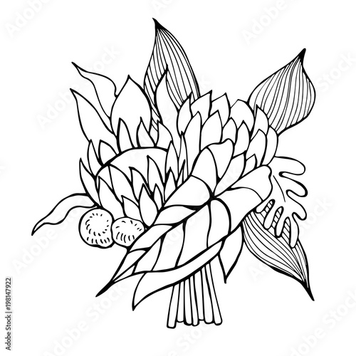 Hand-drawn tropical wedding bouquet.Vector sketch  illustration.