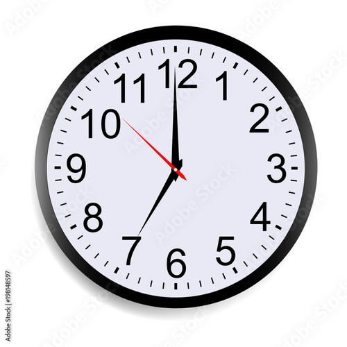 Wall clock mock up isolated on white background. Round clock face showing seven o'clock Vector illustration