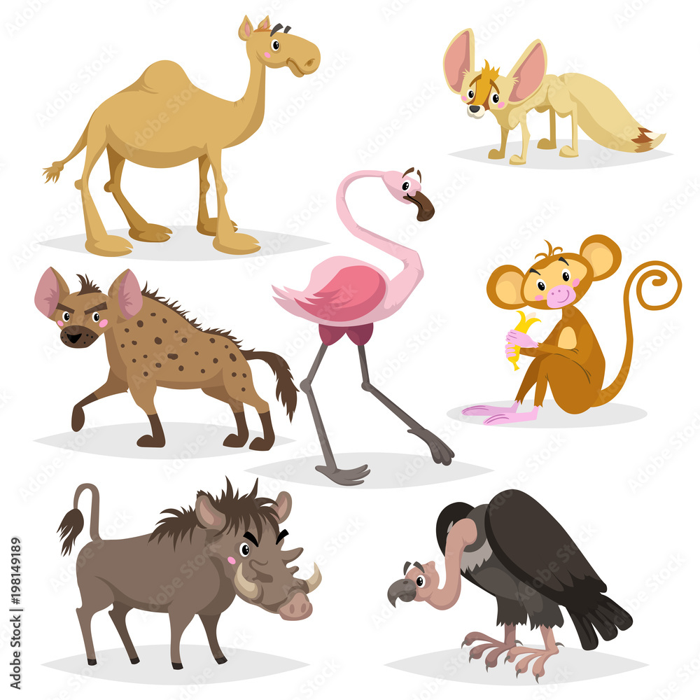 Obraz premium African animals cartoon set. Dromedary camel, vulture, flamingo, hyena, warthog, monkey with banana and african fox fennec. Zoo wildlife collection. Vector illustrations isolated on white background.