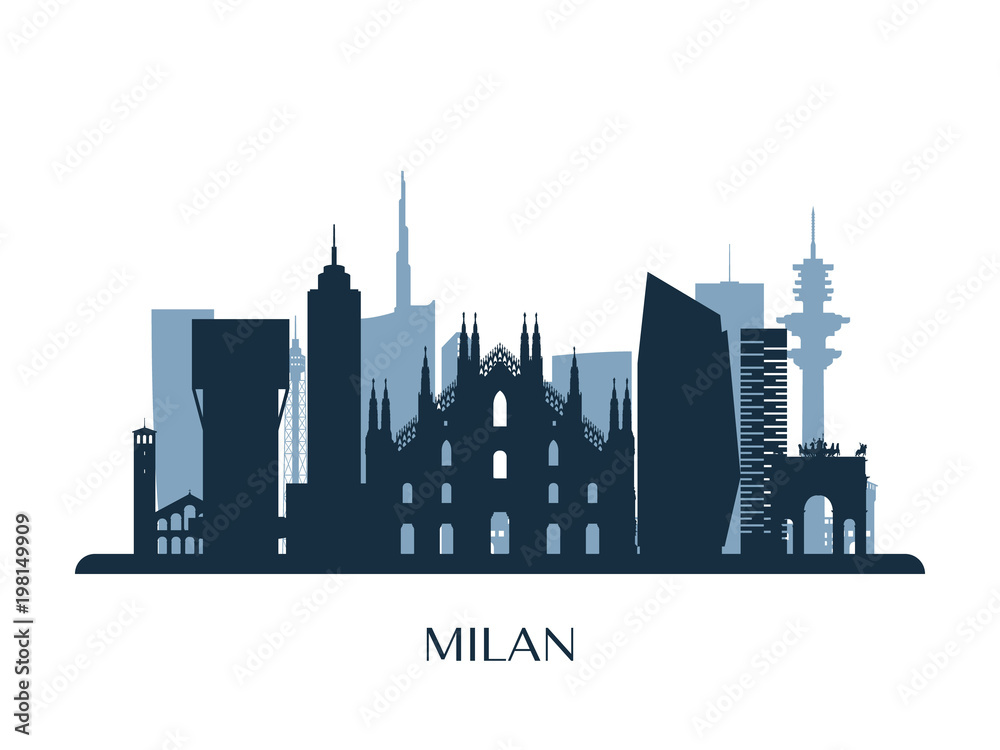 Naklejka premium Panoramę Mediolanu, monochromatyczna sylwetka. Ilustracji wektorowych.