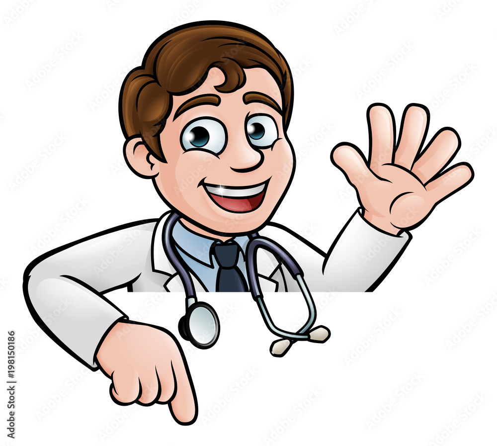 Doctor Cartoon Character Above Sign Pointing Doctor Cartoon Character Above Sign Pointing