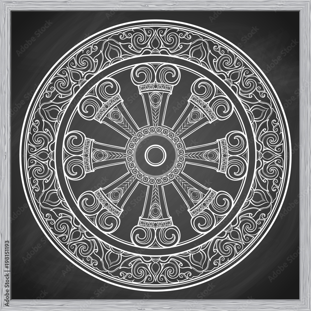 Dharma Wheel, Dharmachakra. Symbol of Buddha's teachings on the path to  enlightenment, liberation from the karmic rebirth in samsara. Tattoo  design. Chalk on a blackboard imitation. EPS10 vector Stock Vector | Adobe