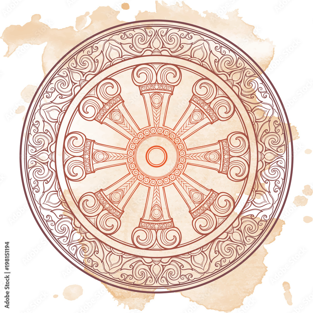 Dharma Wheel, Dharmachakra. Symbol of Buddha's teachings on the path to  enlightenment, liberation from the karmic rebirth in samsara. Tattoo  design. Textured background. EPS10 vector illustration Stock Vector | Adobe  Stock