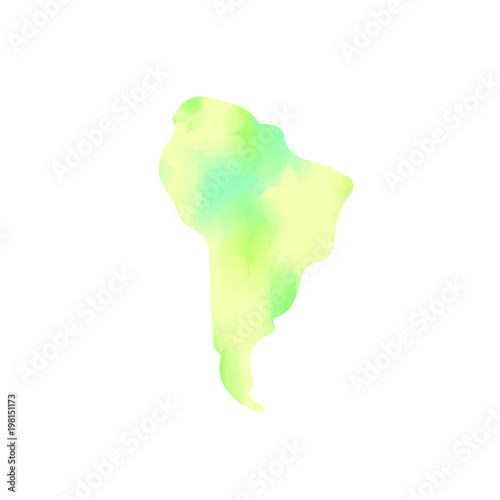 Watercolor texture green South America continent map, vector illustration