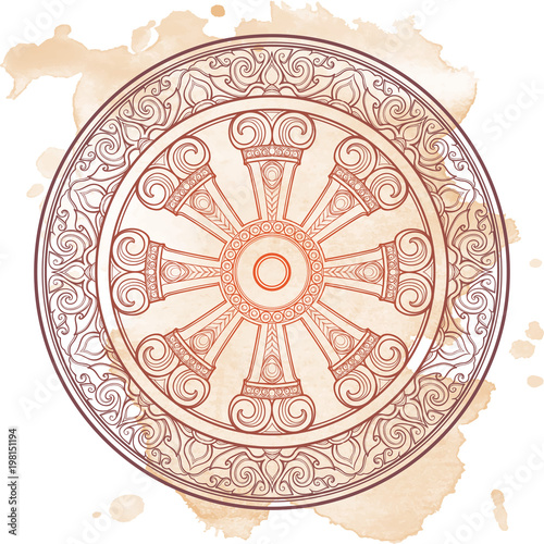 Dharma Wheel, Dharmachakra. Symbol of Buddha's teachings on the path to enlightenment, liberation from the karmic rebirth in samsara. Tattoo design. Textured background. EPS10 vector illustration