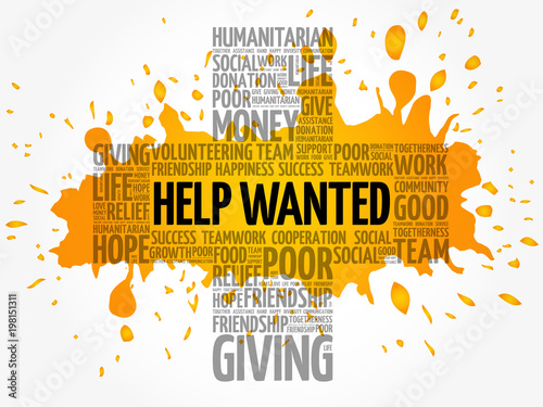 Help Wanted word cloud collage, cross concept background