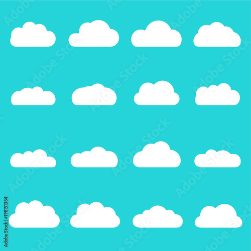 Clouds icon set. Different cloud shapes isolated on the blue sky background. Vector flat style cartoon cloud illustration.
