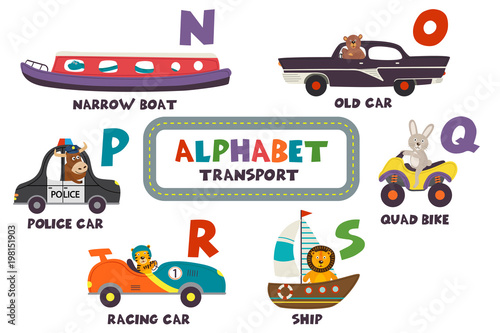 Schilderij op canvas alphabet with transport and animals N to S - vector illustration, eps