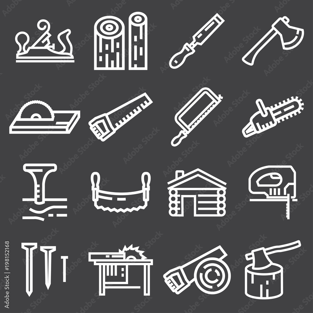 Fototapeta premium Carpentry wood work tools and equipment white icons set isolated
