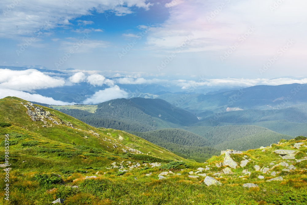 Landscape of Carpathian Mountains in a summer sunny day. Beautiful mountain scenery with clear sky.