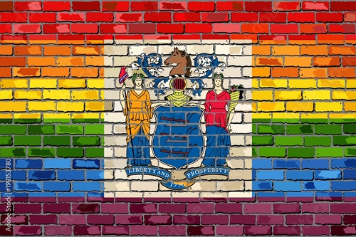 Brick Wall New Jersey and Gay flags - Illustration,
Rainbow flag on brick textured background, 
Abstract grunge New Jersey Flag and LGBT flag