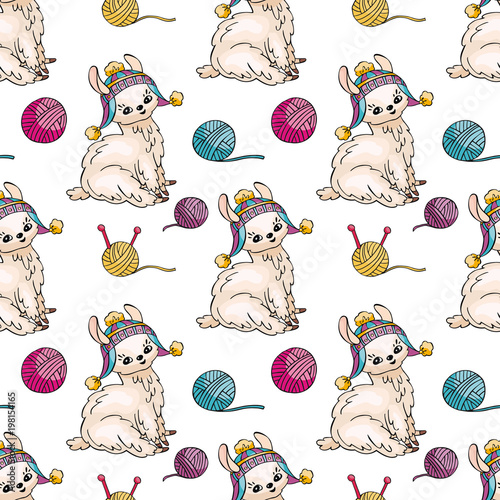 Seamless pattern with the image of cute llamas in doodle style. Colorful vector background