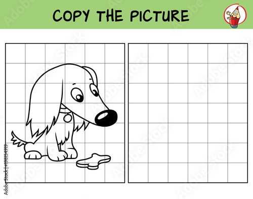 Cute little dog with bone. Longhaired dachshund puppy. Copy the picture. Coloring book. Educational game for children. Cartoon vector illustration