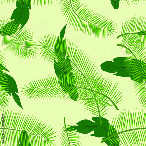 Summer fresh seamless pattern with different palm leaves in green tones, creative vector illustration