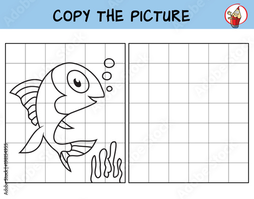 Funny fish. Copy the picture. Coloring book. Educational game for children. Cartoon vector illustration
