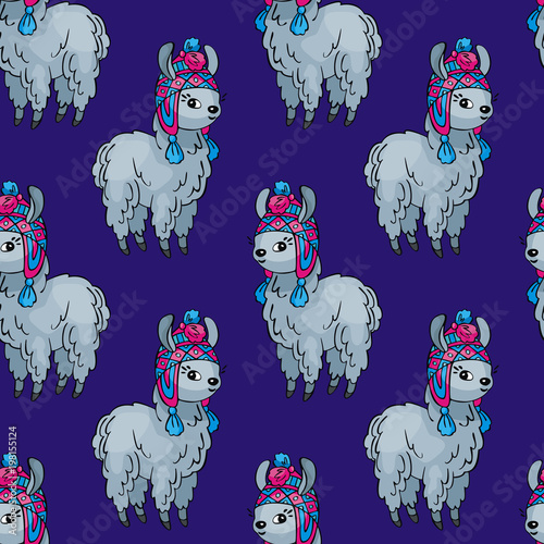 Seamless pattern with the image of cute llamas in doodle style. Colorful vector background