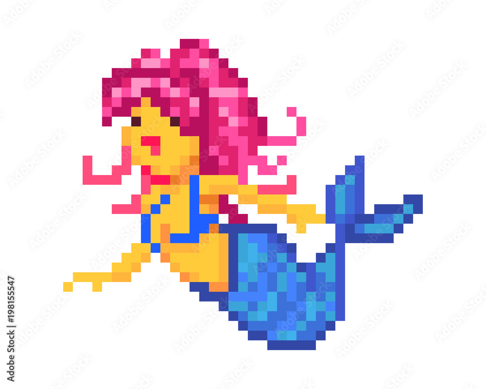 Cute mermaid with pink hair, pixel art character isolated on white background. Water nymph, cartoon girl. Fantastic creature.Old school 8 bit slot machine pictogram. Retro 80s; 90s video game graphics