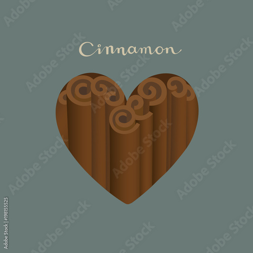 Cinnamon sticks in a heart shape on the blue background