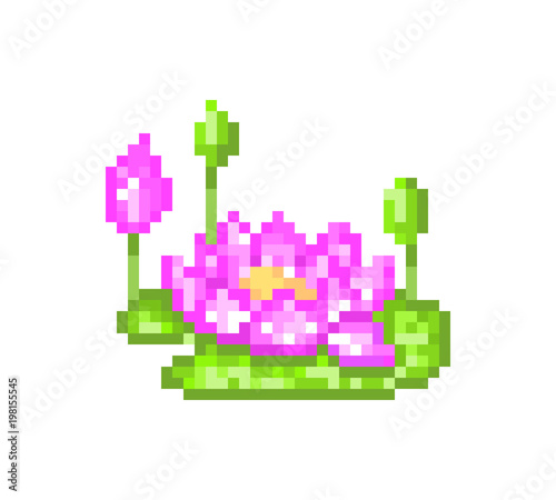 Pink lotus flower with buds, pixel art icon isolated on white background. Water lily. Old school 8 bit slot machine symbol. Retro 80s; 90s video game graphics. Exotic floral composition. Beauty logo.
