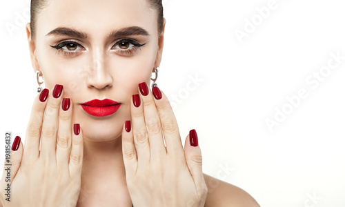 Fashion Portrait of Beautiful Woman Fashion Model with Hair Updo  Perfect Makeup and Hands with Manicure