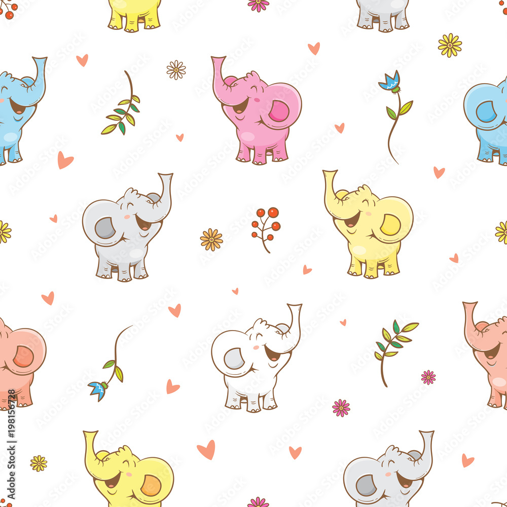 Vector spring seamless pattern with cute cartoon elephants and flowers ...