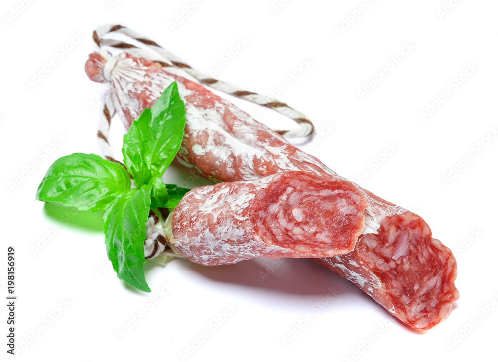 Dried sliced organic salami sausage on white background Dried sliced organic salami sausage on white background