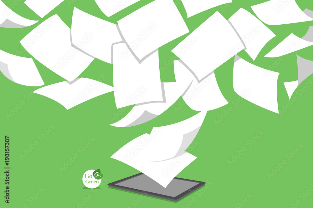 concept of stack white paperless go green, save the planet, earth, trees, leaf logo, documents turned into digital big data, business device, tablet, screen display, future technology, flat vector.