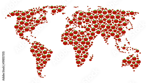 World Map collage of tomato vegetables. Vector tomato vegetable items are organized into world map collage. Organic vector illustration.