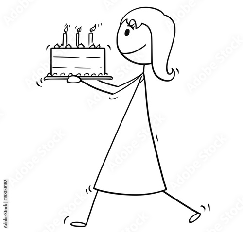 Cartoon stick man drawing conceptual illustration of woman, mother or businesswoman walking and carry birthday cake.