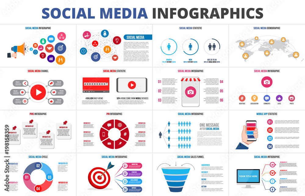 Vector sales funnel, statistic, map, online video chanel and pins. Social media infographic set. Presentation slides. - obrazy, fototapety, plakaty 