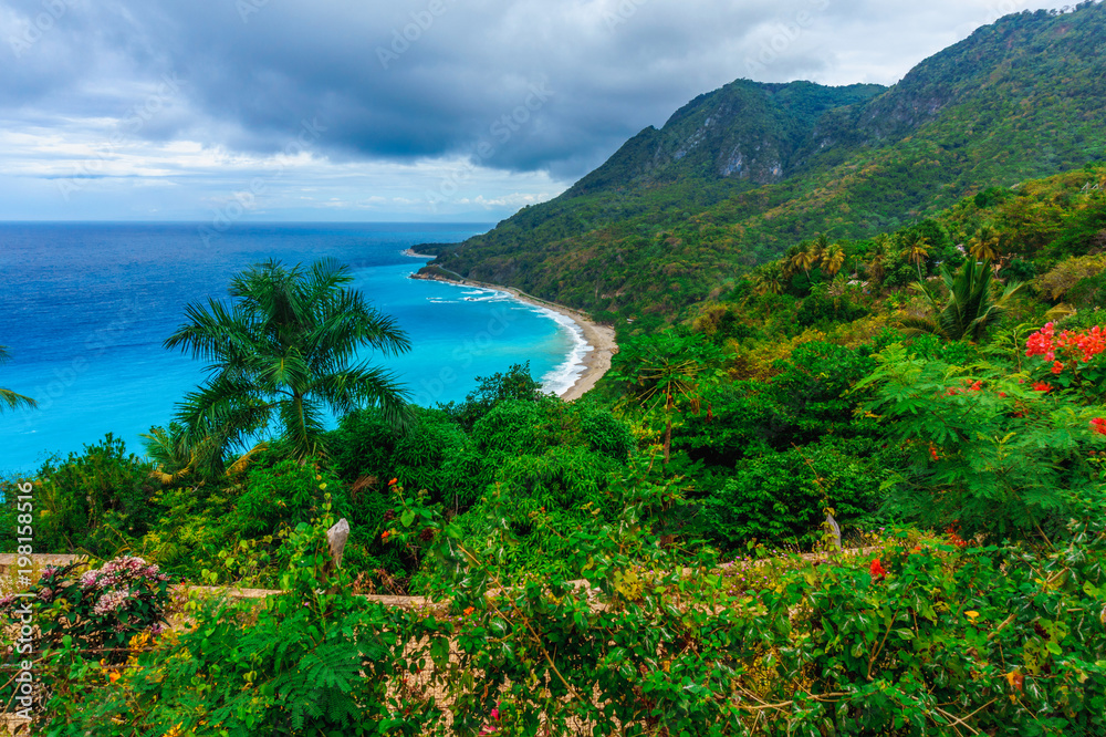 colorful natural wild landscape with rocky mountains overgrown dense green jungle tree, palm and clear azure water of sea ocean