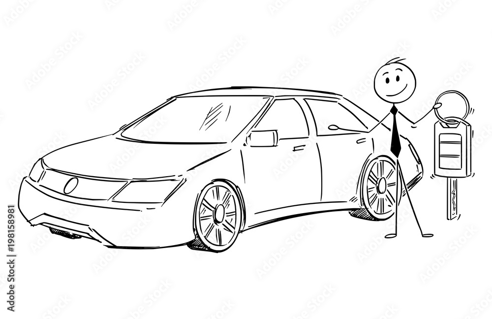 Cartoon Stick Man Drawing Conceptual Illustration Of Businessman Dealer Or Salesman Offering Car And Key Stock Vector Adobe Stock