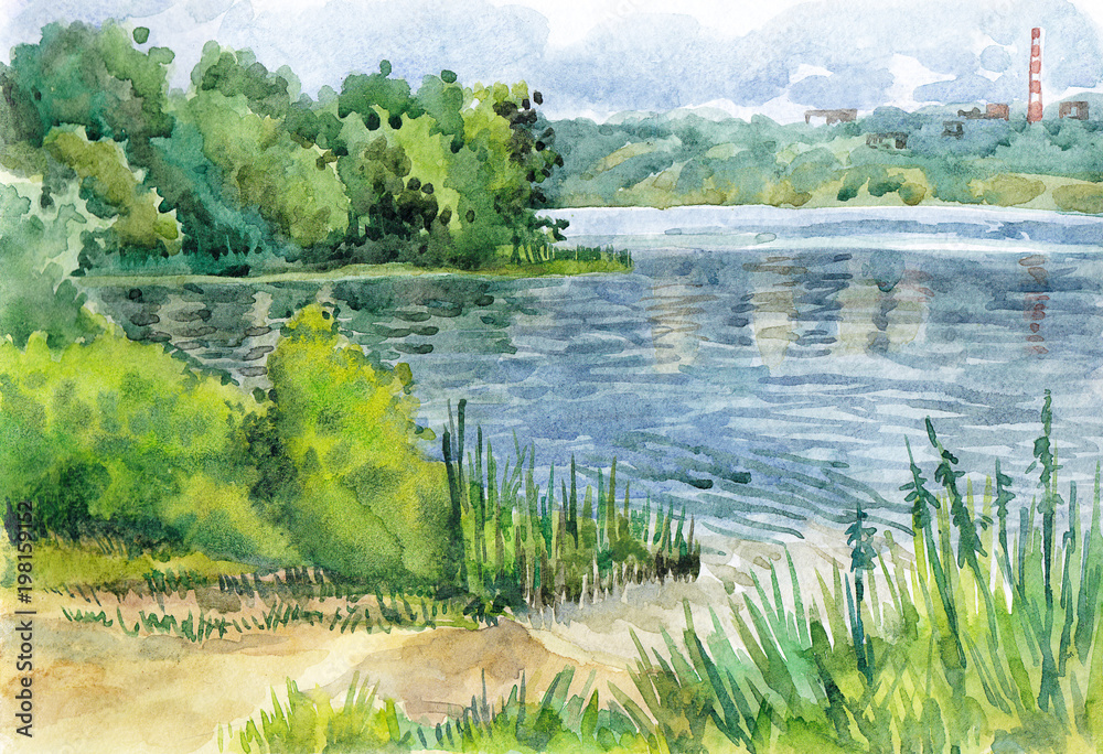 Obraz Akwarela, ręcznie rysowane lato krajobraz