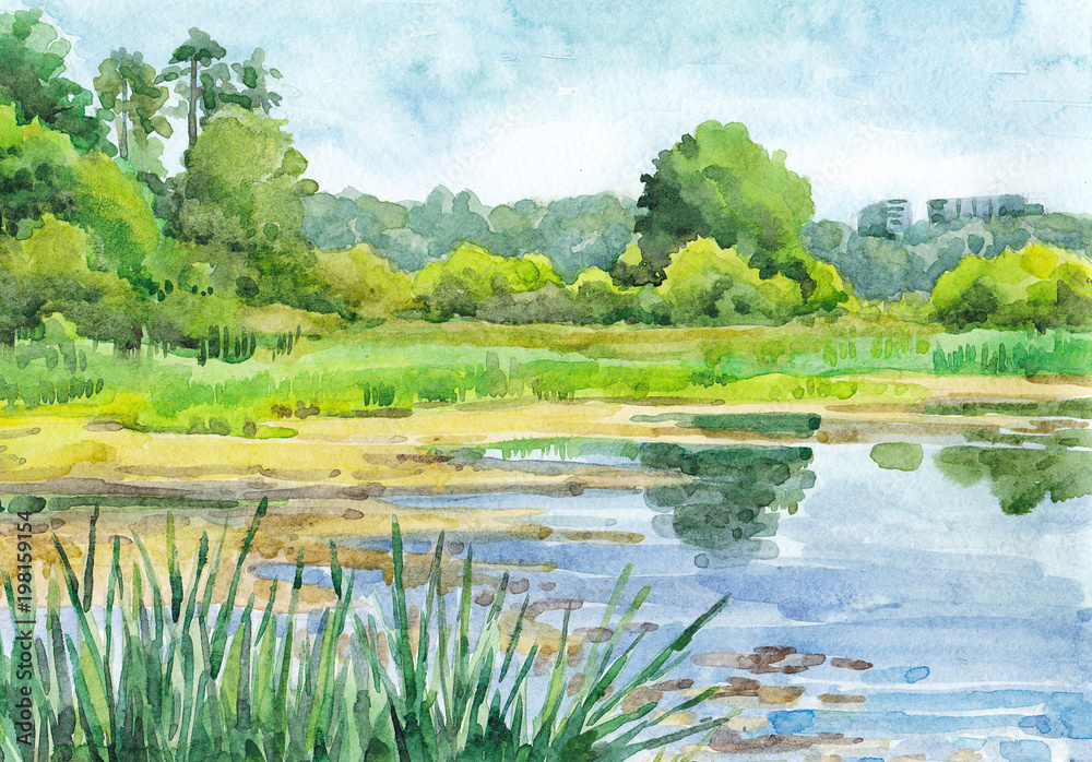 Watercolor hand-drawn summer landscape (sunny day)