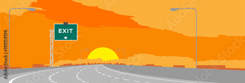 Highway or motorway and green signage with Exit sign in surise, sunset time illustration on orange sky background