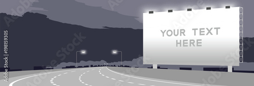 Advertisement Big Billboard Signage Highway or motorway bend at nighttime illustration isolated on dark sky background, with copy space