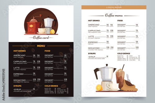Coffee menu design with text and illustration. Vector Coffee card a4 template. White and dark background. Decorative elements for menu, cafe, flyer, advertising, etc. Eps 10.