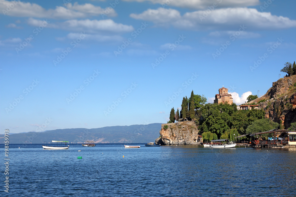 Naklejka premium Famous Jovan Kaneo church Lake Ohrid Macedonia landscape