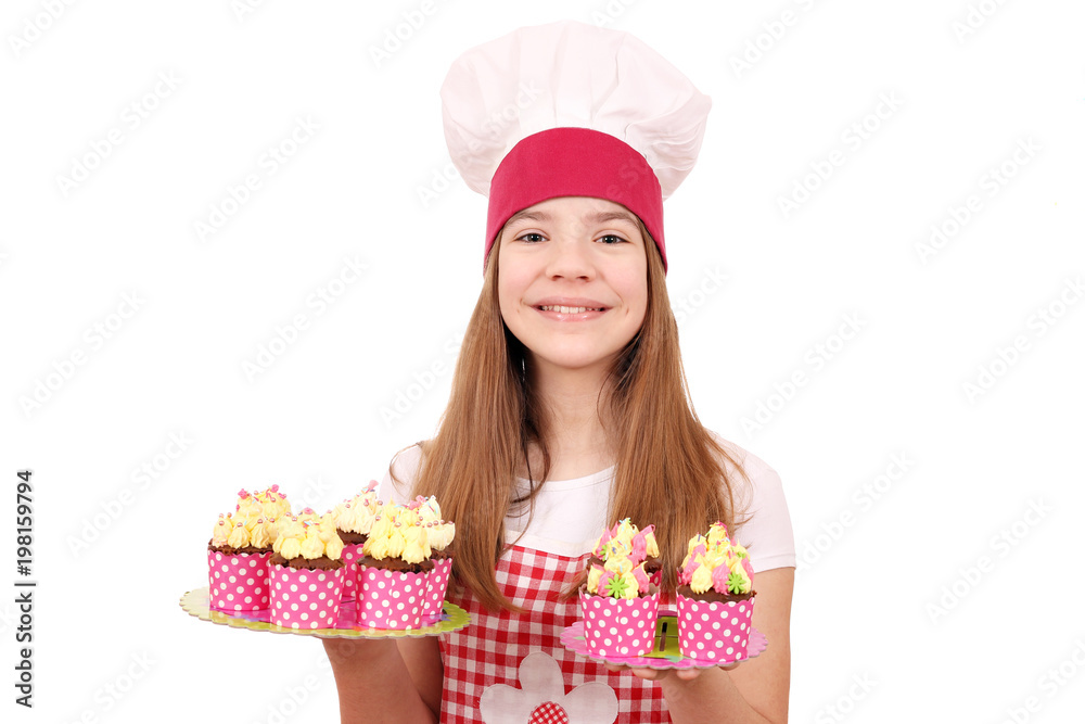 Happy little girl cook with muffins Happy little girl cook with muffins
