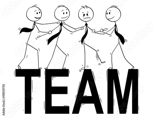 Cartoon stick man drawing conceptual illustration of group of businessman people standing on big word team and helping one of them.. Business concept of teamwork, success and cooperation.