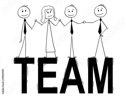 Cartoon stick man drawing conceptual illustration of group of businessman people standing on big word team. Business concept of teamwork, success and cooperation.