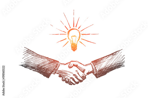 Vector hand drawn business idea sketch. Handshaking of two businessmen meaning successful meeting or deal.
