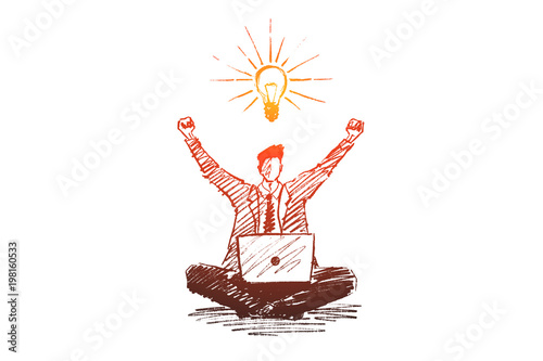 Vector hand drawn good ideas concept sketch. Business man sitting on floor with laptop and exulting he got good business idea.