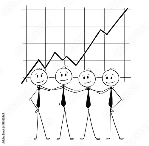 Cartoon stick man drawing conceptual illustration of team of business people standing in front of growing profit graph or chart and holding each other shoulders. Business concept of teamwork, success