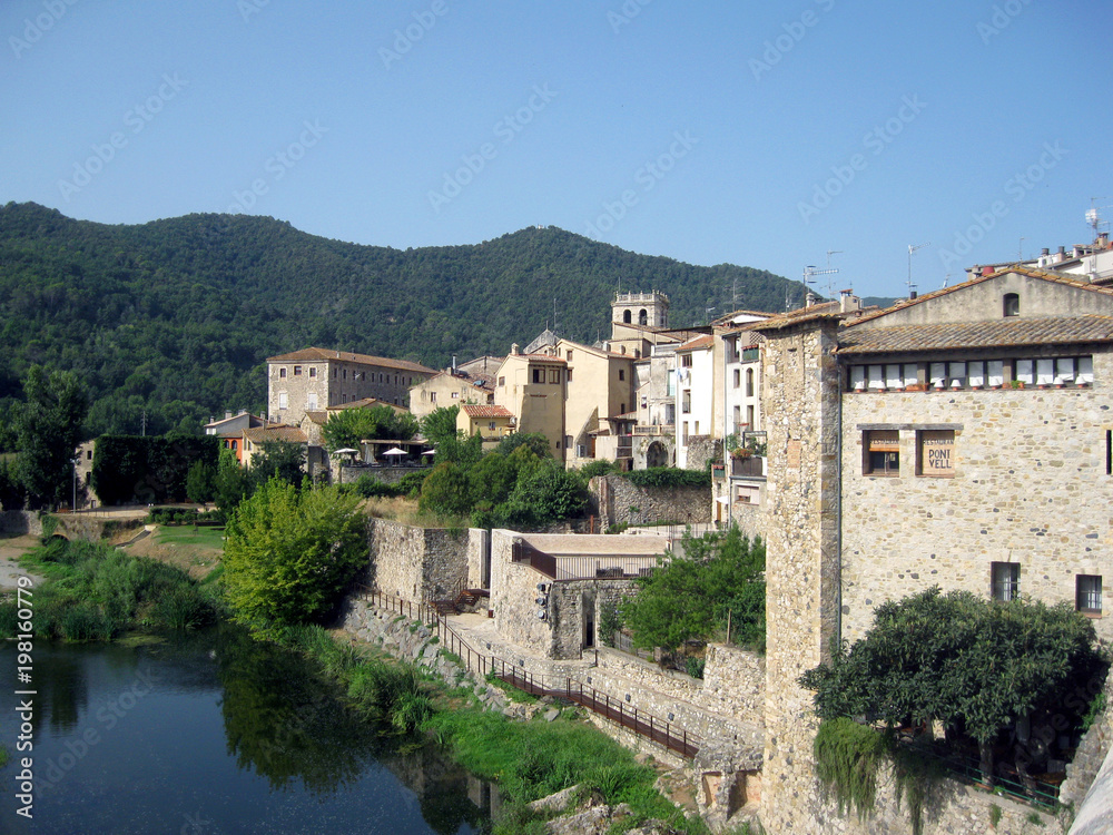 View of the old city of Besalu, old town, sunny day, Catalonia, Spain