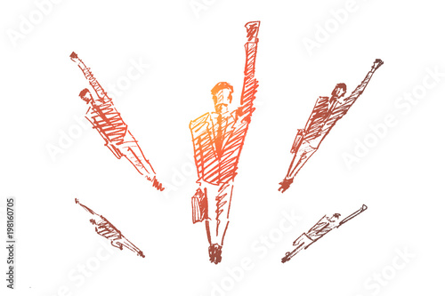 Vector hand drawn forward concept sketch. Business people jumping up and flying towards new opportunities.