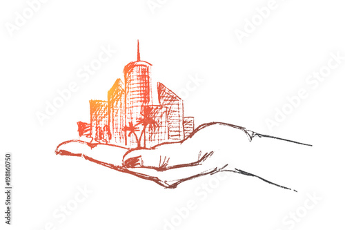 Vector hand drawn my city concept sketch. Part of big city with skyscrapers and trees in human hand.