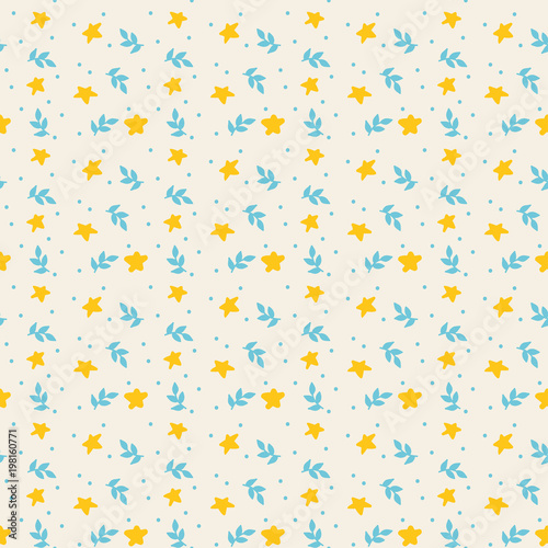 Seamless leaves pattern. Blue and yellow decorations on white background.